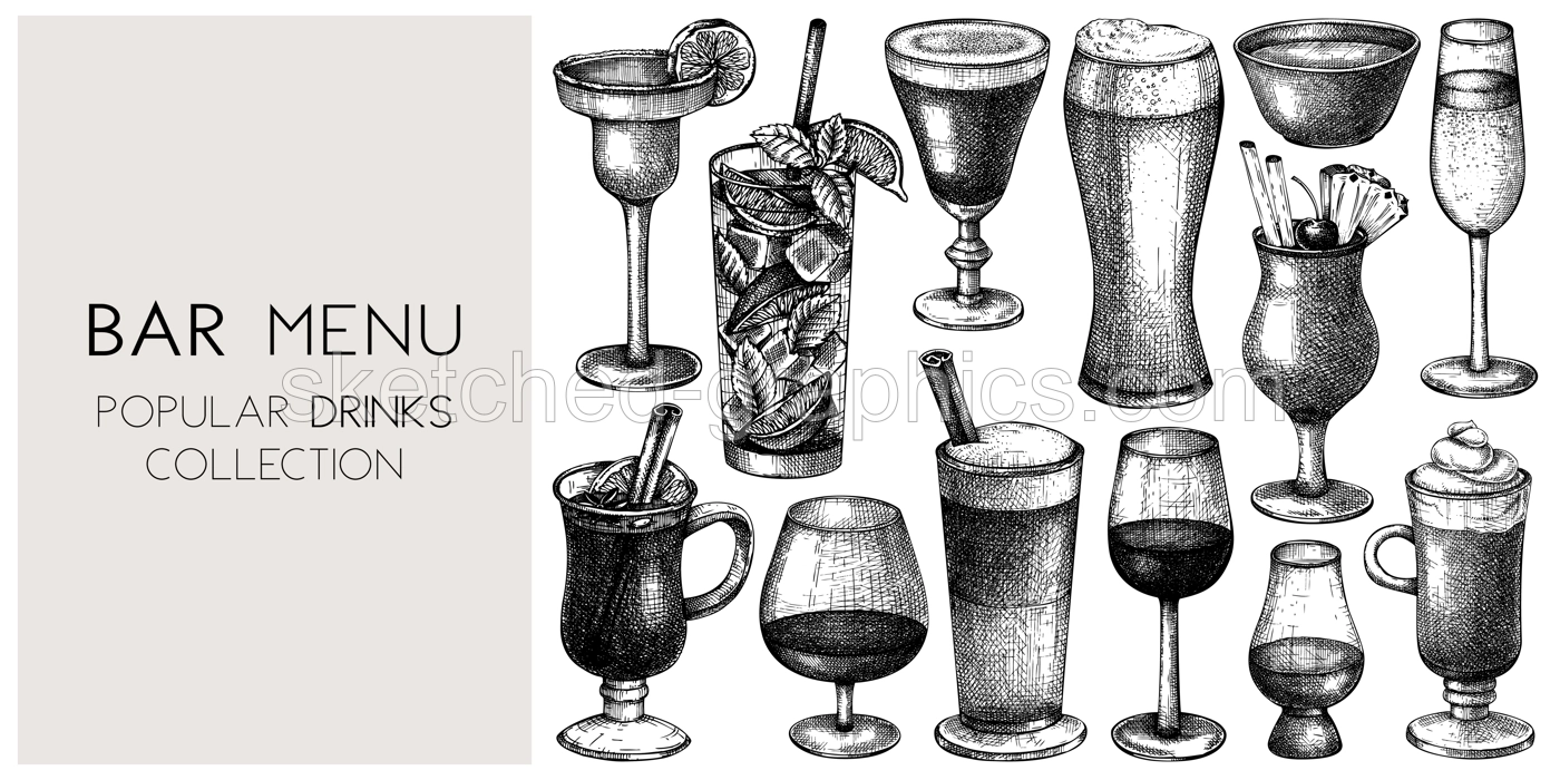 Hand-sketched drinks background. Vector banner with popular beverages in elegant glasses. Popular drinks vintage hand-drawings. Bar or restaurant menu template in sketched style. Illustration